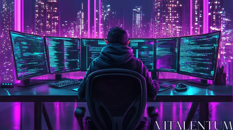 Cyberpunk Coder at Night AI Image