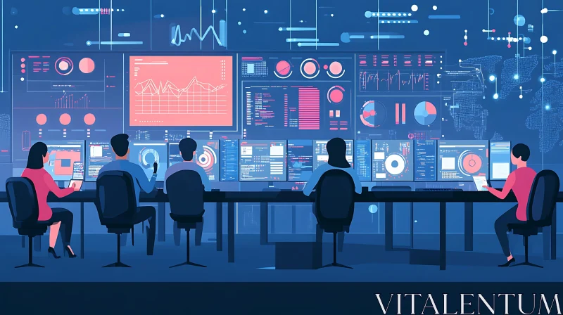 Team Analyzing Data on Multiple Screens AI Image