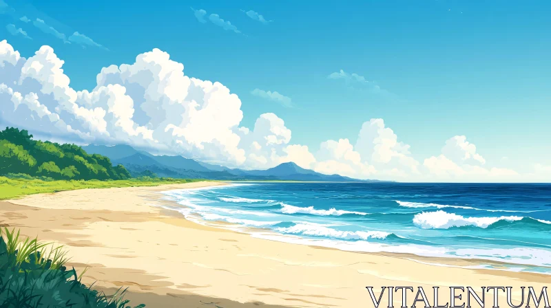 AI ART Coastal Scene with Waves and Clouds