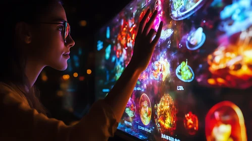 Woman Interacting with Neon Touchscreen Interface