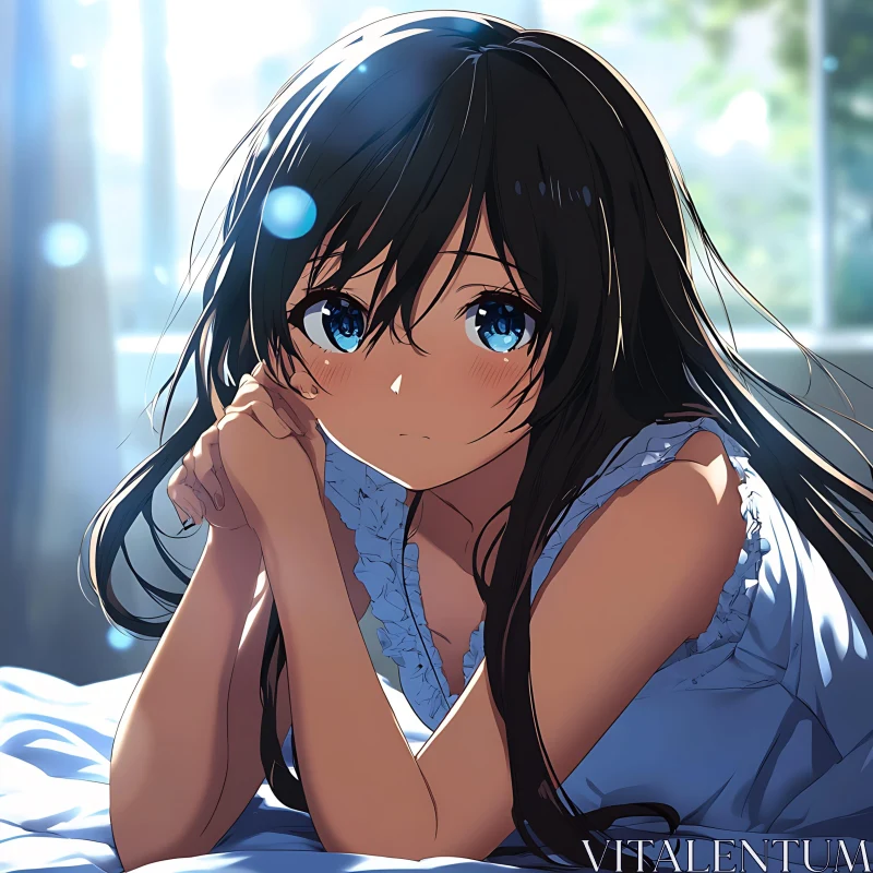 Contemplative Anime Girl on Bed AI Image