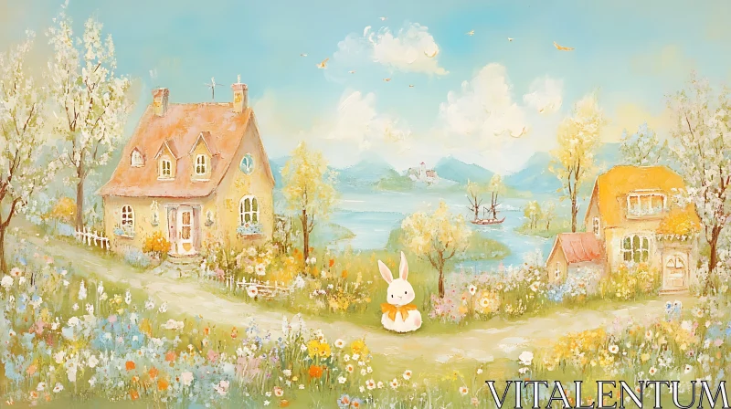 Charming Cottages and Bunny in Floral Landscape AI Image