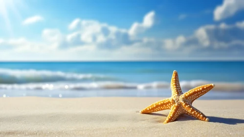 Golden Starfish on Sandy Beach Seascape