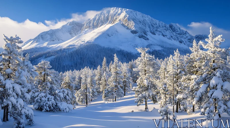 AI ART Winter Mountain Scene with Snow Covered Trees