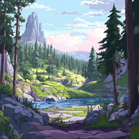 Tranquil Forest View with Water and Peaks