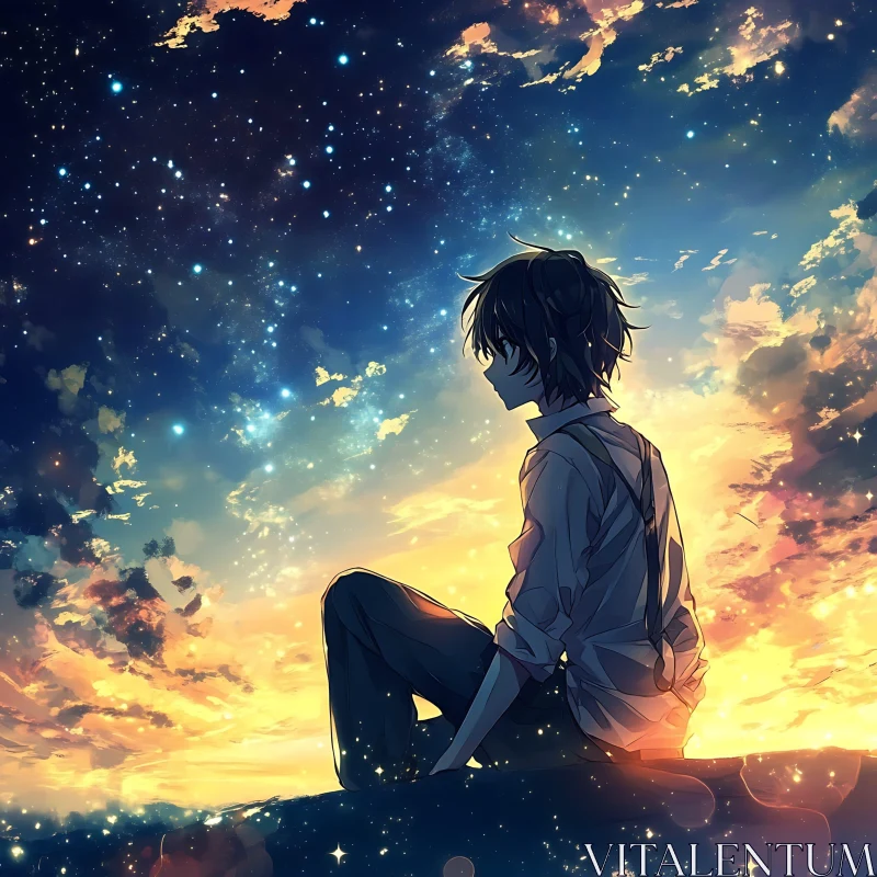 Anime Boy Gazing at Sunset and Starry Night AI Image