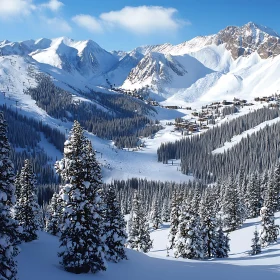 Snowy Mountain Peaks and Evergreen Trees