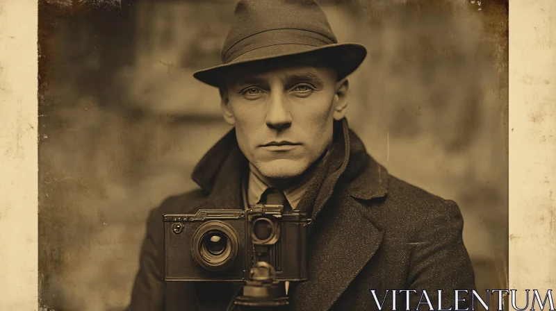 AI ART Nostalgic Sepia-Toned Portrait of a Man with Vintage Camera