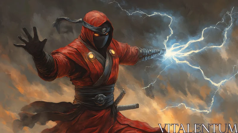 AI ART Red Ninja Wielding Electric Power