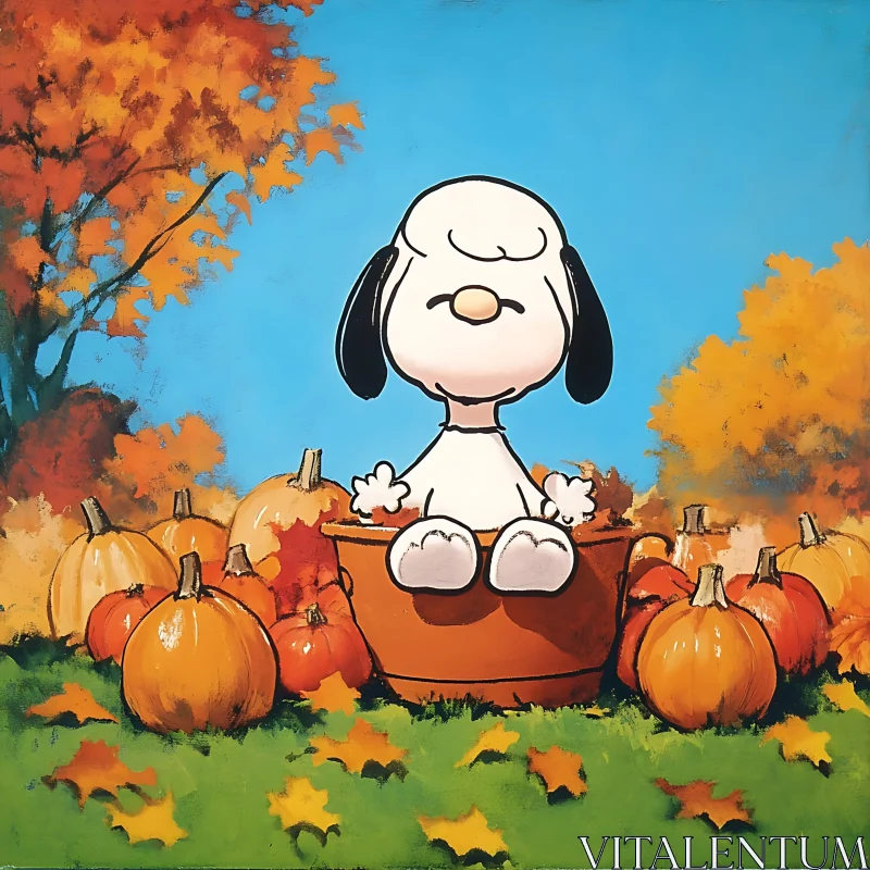 Autumn Cartoon Dog with Pumpkins and Leaves AI Image