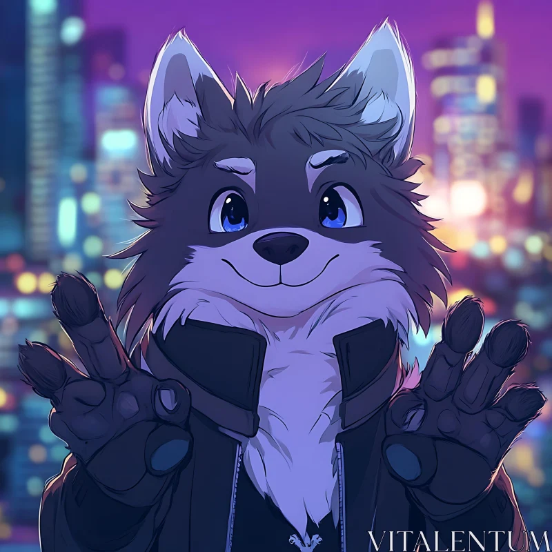 Cheerful Cartoon Wolf in Urban Night AI Image