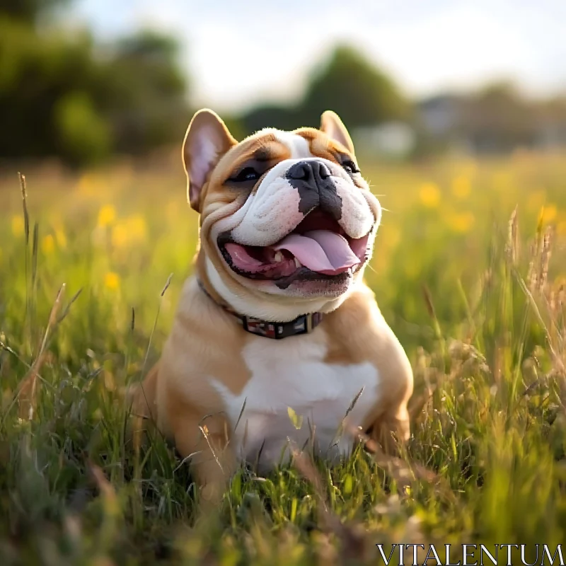 Cheerful Bulldog Relaxing in a Flower Field AI Image