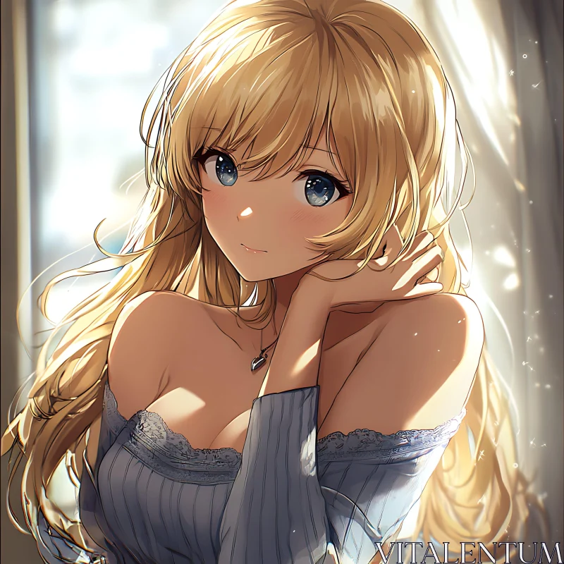 Anime Blonde Girl in Gentle Sunlight AI Image