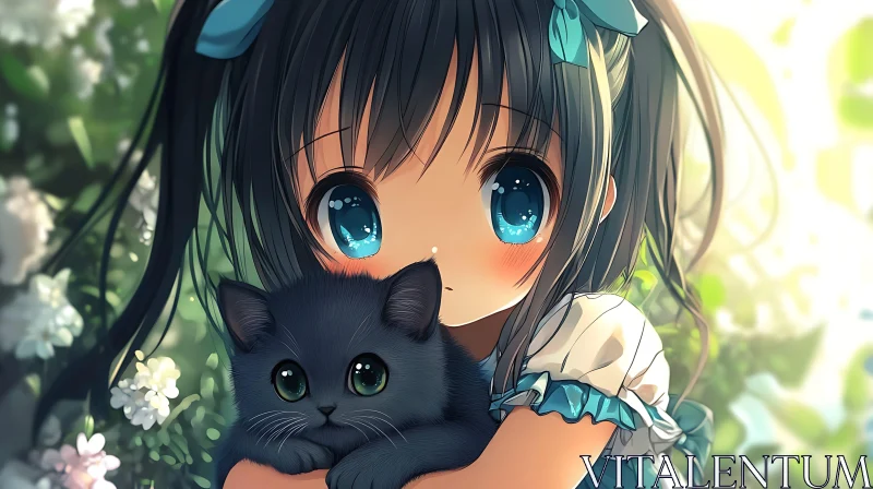 Cute Anime Girl with Kitten in Serene Garden AI Image