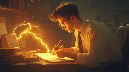 Man Writing with Golden Energy