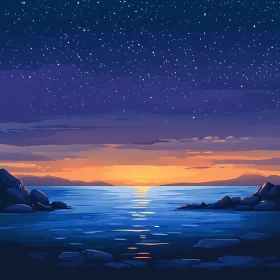 Night Seascape with Starry Sky and Sunset