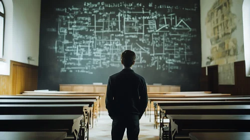 Man Contemplates Diagrams in Classroom