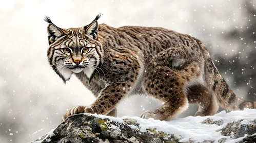Wild Cat on Snowy Rock