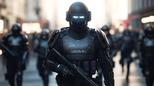 High-Tech Armored Soldiers in a Modern Cityscape