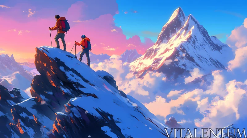 Climbers on a Mountain Peak at Sunset AI Image