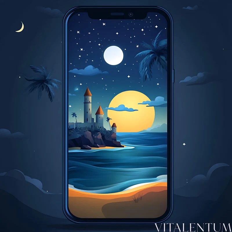 Cartoon Island Landscape on Phone Screen AI Image