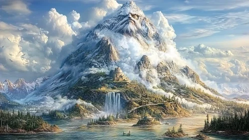 Mountain with Face Peak and Waterfall