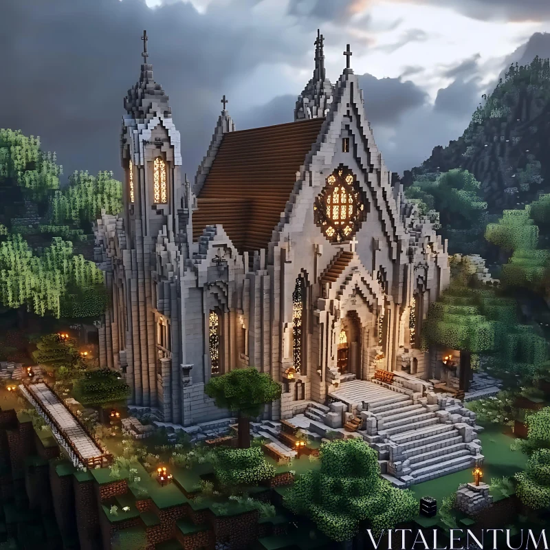 Stunning Minecraft Gothic Cathedral at Sunset AI Image