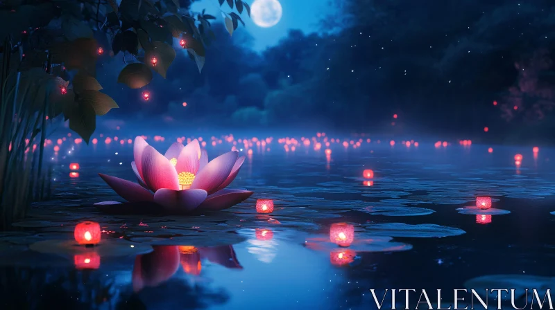 Illuminated Lotus at Night on a Serene Lake AI Image