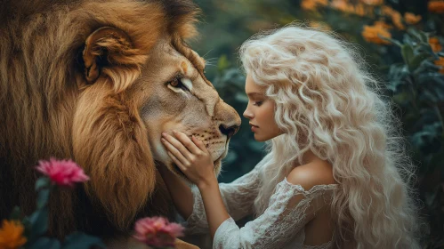 Gentle Encounter: Woman and Lion Portrait