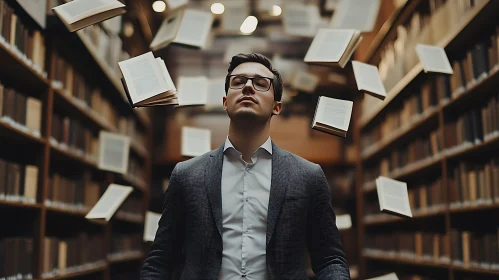 Man in Library with Levitating Books