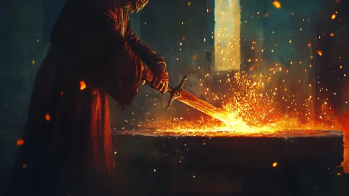 Blacksmith Shaping Sword with Fire