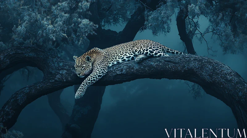 Resting Leopard on a Tree Branch AI Image