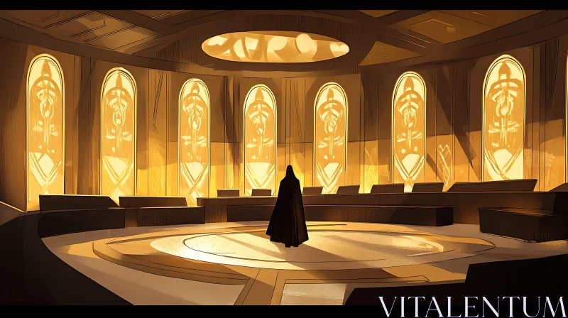 Figure in the Golden Lit Hall AI Image