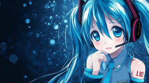 Anime Girl with Headset in Dreamy Blue Background