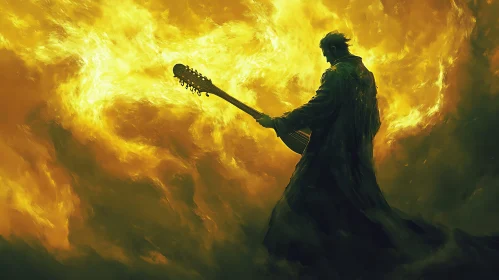 Silhouette Musician with Instrument on Fire Background