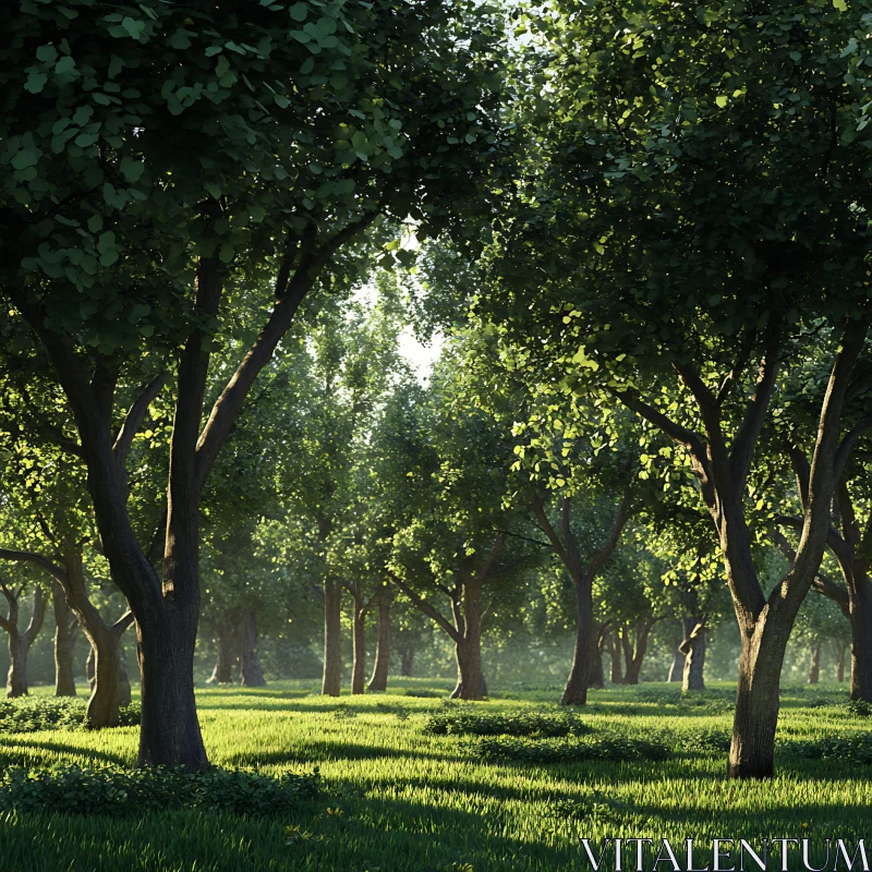 Tranquil Forest with Sunlight and Lush Trees AI Image