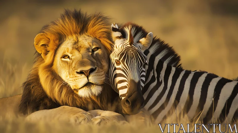 Wildlife Companions: Lion and Zebra Portrait AI Image