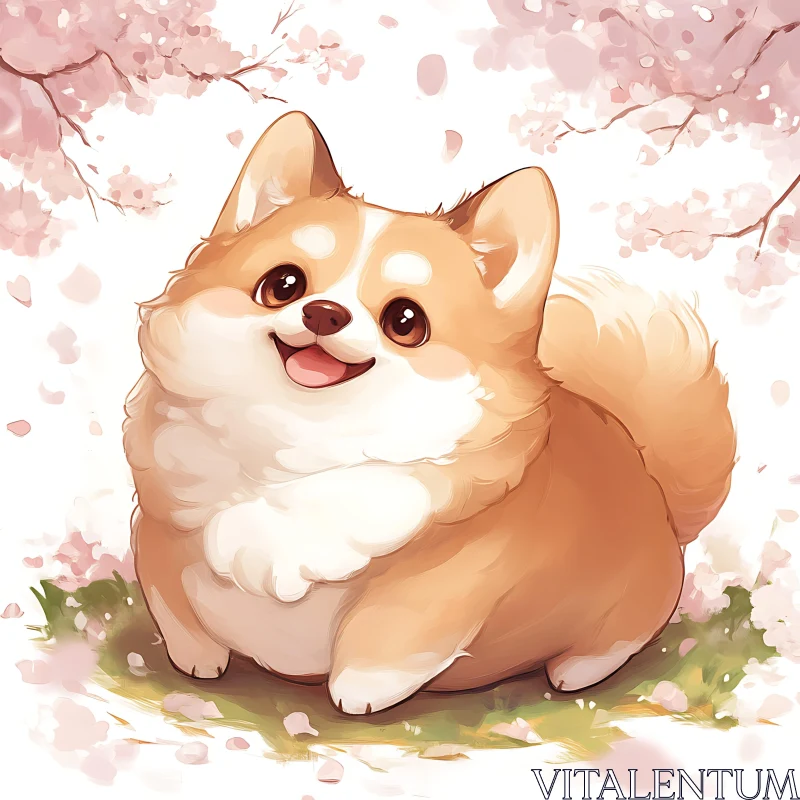 Cute Puppy with Cherry Blossoms Background AI Image