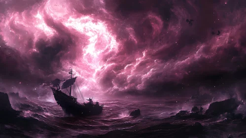 Ocean Storm Pink Sky Ship