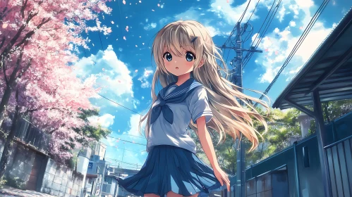 Serene Anime Schoolgirl Under Cherry Blossoms