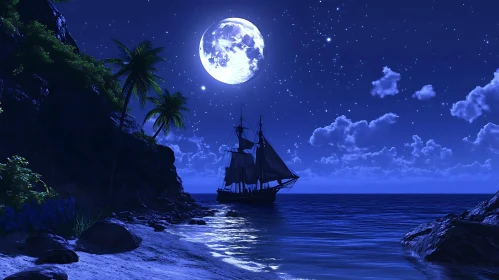 Night Sailboat Under Moonlight