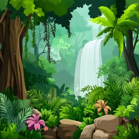 Majestic Waterfall Amidst Lush Tropical Foliage