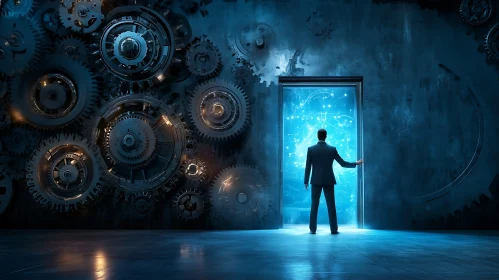 Man Entering Futuristic Doorway