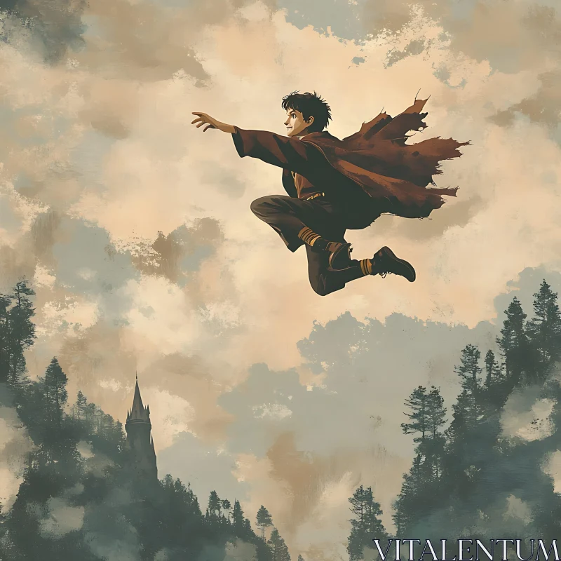 Soaring Wizard Over the Forest AI Image