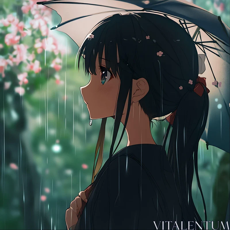 Serene Anime Girl in Rain AI Image