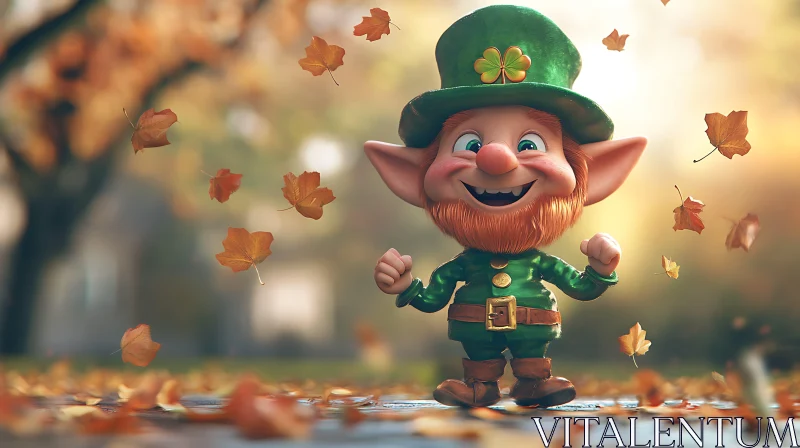 Cartoon Leprechaun in Autumn Leaves AI Image