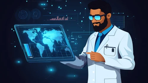 Tech Innovation: Scientist with Digital World Map