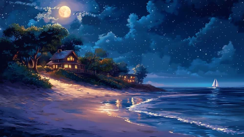 Moonlit Beach House and Sailboat