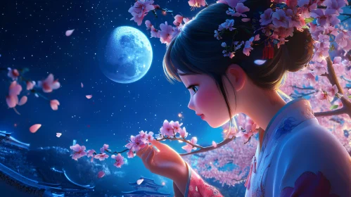 Serene Night with Anime Girl and Cherry Blossoms