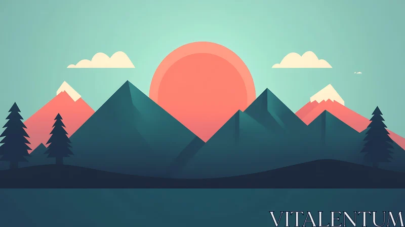 AI ART Flat Design Sunset Over Mountain Peaks